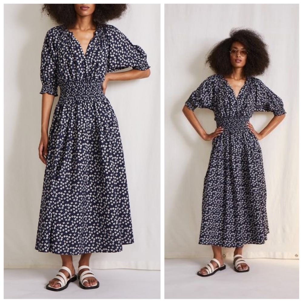 Apiece Apart Brijette Midi Dress In Wheels Navy Organic Cotton Size XS